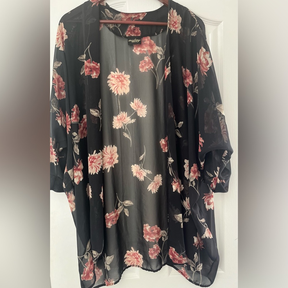 Audrey sheer black floral kimono.